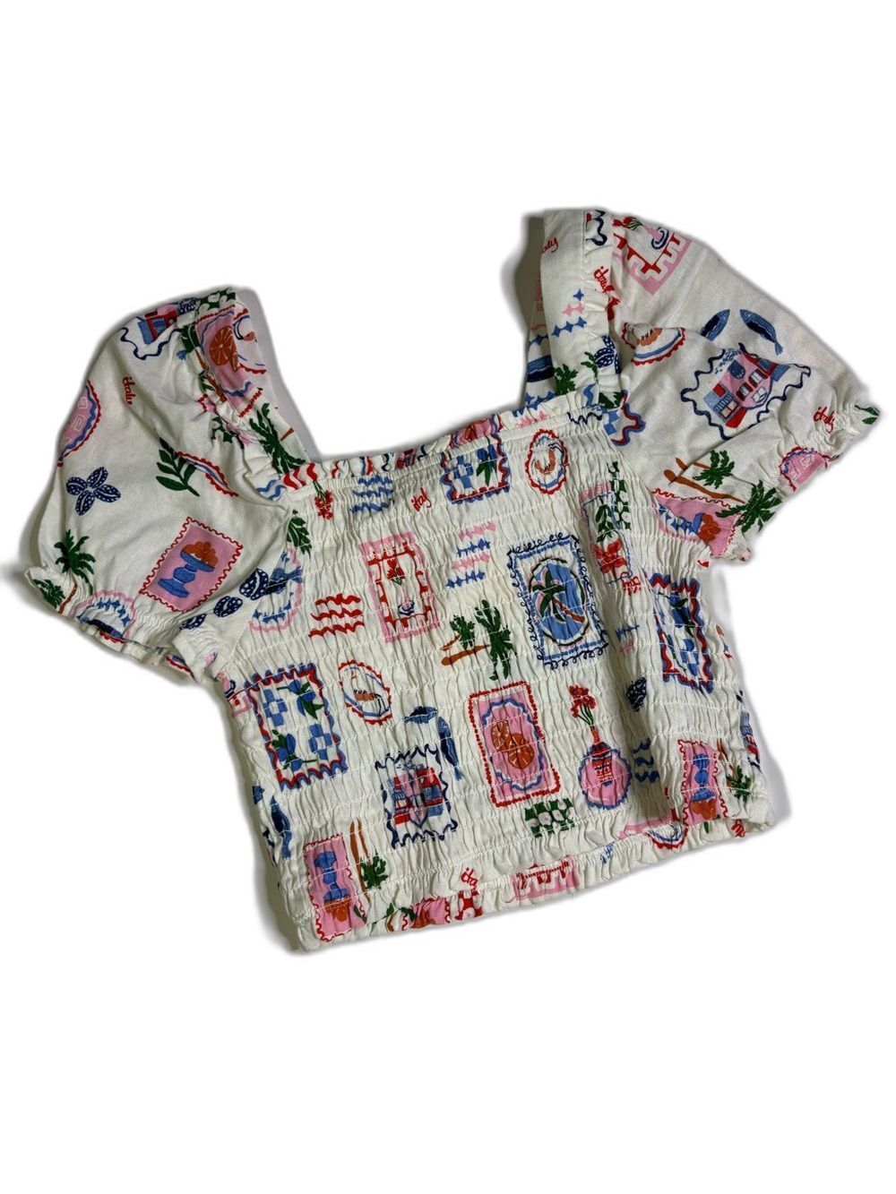 Smocked Puff Sleeve Crop Top in White with Multicolor Print | Medium but small